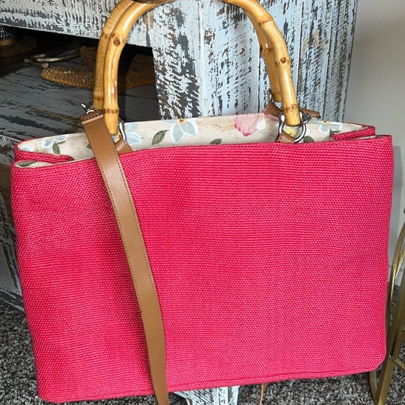 Fossil Bamboo Wooden Handle Woven Satchel Crossbody Pink Purse - Picture 2 of 12